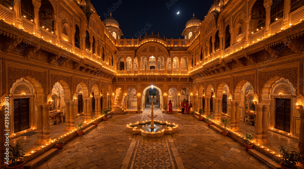 Fototapeta premium Courtyard of a historic palace illuminated with glowing string lights and oil lamps during a grand celebration.