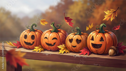 Happy Jack-o'-Lanterns and Autumn Leaves on a Wooden Fence - Festive Fall Illustration