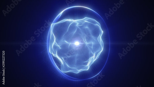 Futuristic blue holographic sphere made of glowing particles, surrounded by a circular halo and bright central energy light.