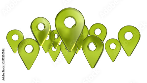 Group of translucent green glass map pin markers, isolated on transparent background