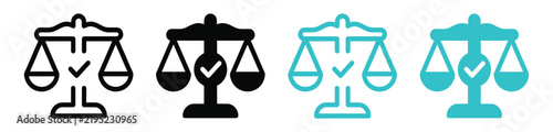 Scales of justice vector icon set with checkmark symbols in black and teal color options