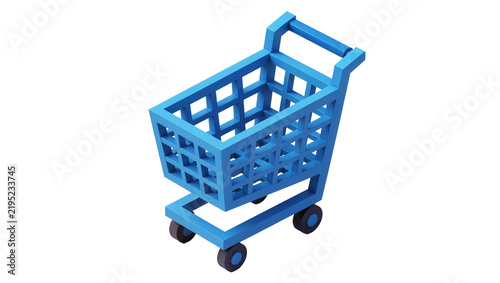 Blue metal shopping cart with grid pattern, isolated on transparent background