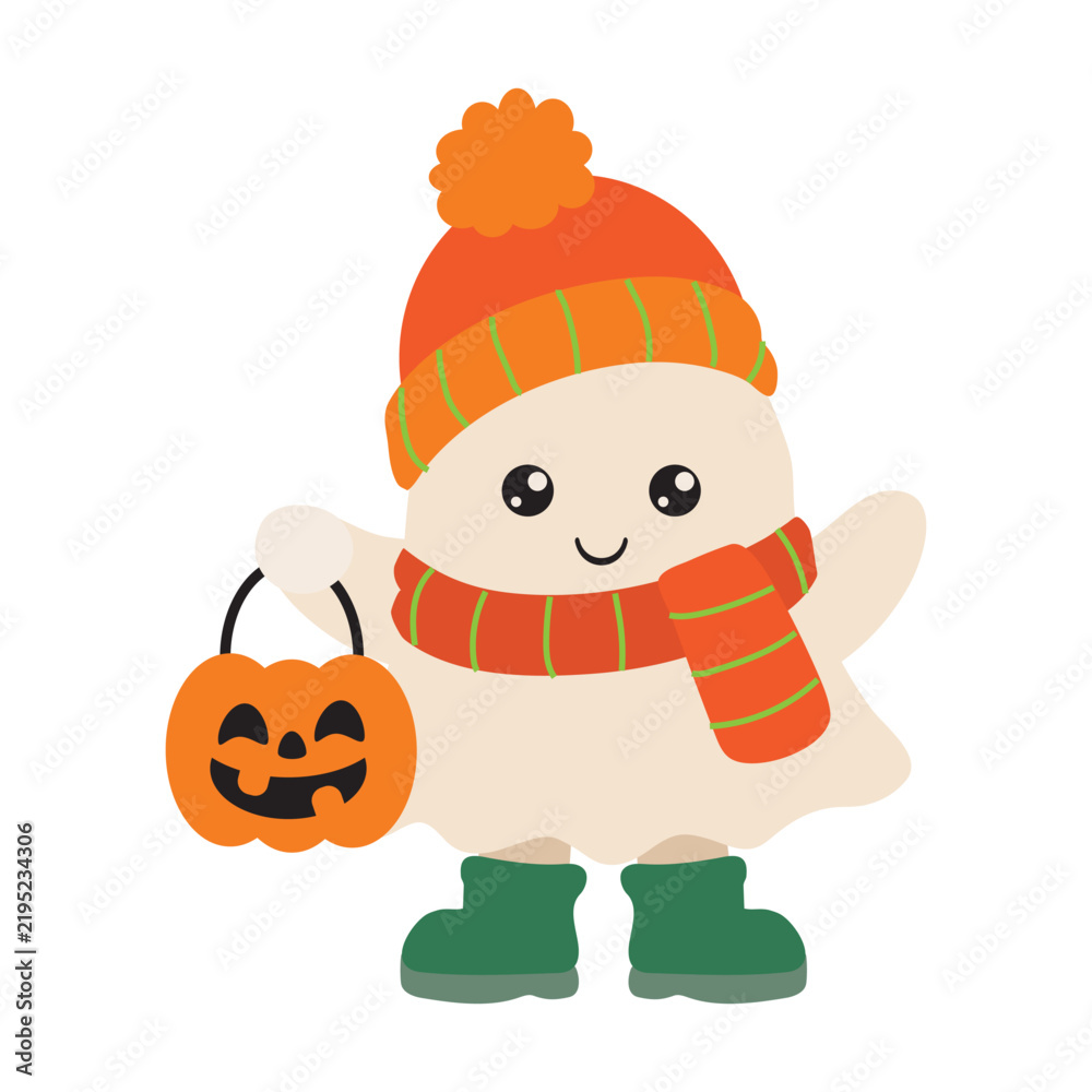Fototapeta premium Halloween little ghost with pumpkin vector cartoon illustration