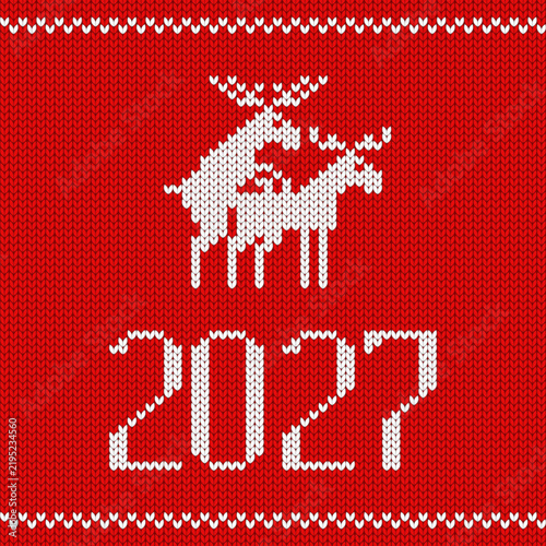 Knitted red Christmas background. Ugly christmas sweater Deer in love. Seamless pattern. Texture for fabric, wrapping, wallpaper. Decorative print.2027