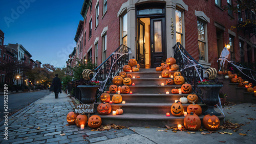 Halloween Decorated Brownstone Steps with Glowing Jack-o'-Lanterns and Candles at Dusk