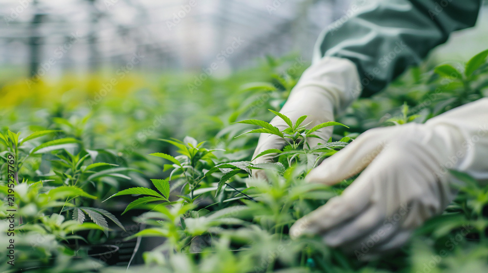 Obraz premium A dedicated worker wearing protective gloves carefully tends to young green hemp seedlings inside a modern agricultural greenhouse facility, focusing on sustainable plant care and cultivation practice