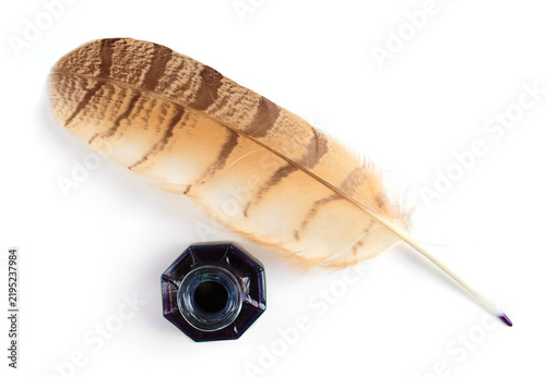 Feather and glass inkwell isolated on a white background.  Old writing tool and ink bottle on a white. Owl feather.