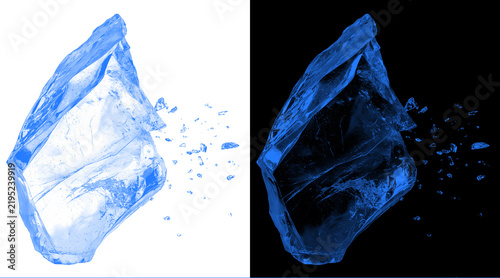 Blue crystal shard explosion with flying fragments, glowing sapphire gemstone breaking apart, shattered mineral stone on black and white background