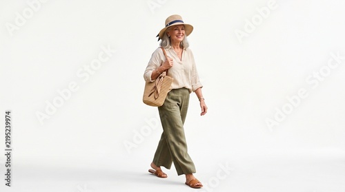 A mature woman walking confidently in stylish summer linen clothing against a white background