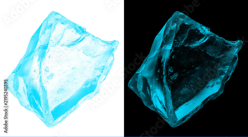 Crystalline blue ice cube illustration, frozen water block with realistic texture, translucent turquoise crystal on white and black background