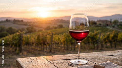 A single glass of red wine resting on a rustic wooden table overlooking a scenic vineyard at sunset