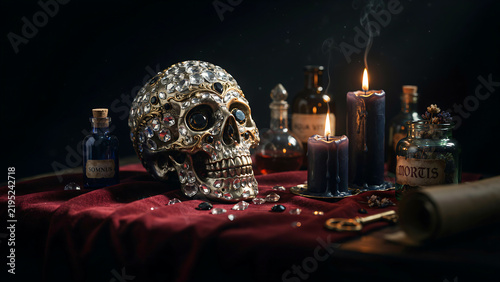 Ornate Jeweled Skull with Candles and Alchemical Potions on Dark Velvet