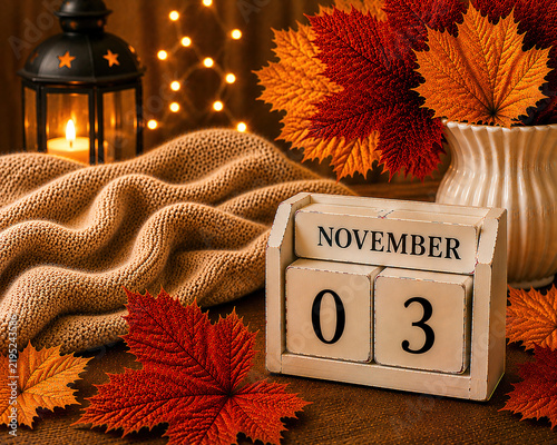 Wooden block calendar showing November 03 date with cozy knitted sweater burning candle lantern and autumn leaves