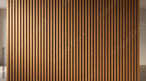 Contemporary wooden slat wall paneling with a warm textured finish.