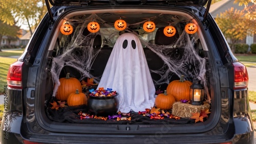 Trunk Or Treat Car Decoration Featuring White Ghost Figure And Pumpkins, Festive Setup For Neighborhood Halloween Event