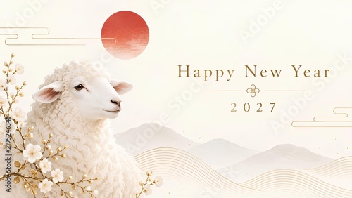 2027年未年の年賀状素材と白い羊 / 2027 Year of the Sheep New Year card with white sheep (Generative AI)