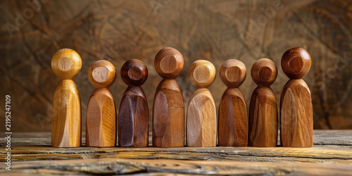 A line of diverse wooden figurine people standing together on a rustic wooden surface symbolizing teamwork, community, and diversity in business and social concepts