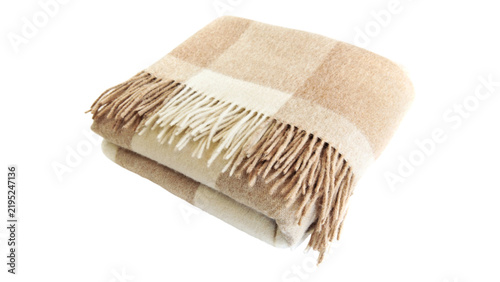 Cuadro en lienzo Soft beige plaid wool throw blanket with fringed edges checkered material access