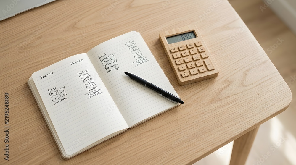 Obraz premium Paper Notebook and Calculator Arranged on Desk Surface for Personal Budgeting and Financial Planning