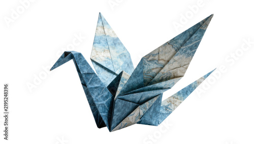 Blue and grey marbled paper origami crane bird, isolated on transparent background
