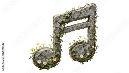 Cuadro en lienzo Stone musical eighth note symbol entwined with ivy and small flowers, isolated o