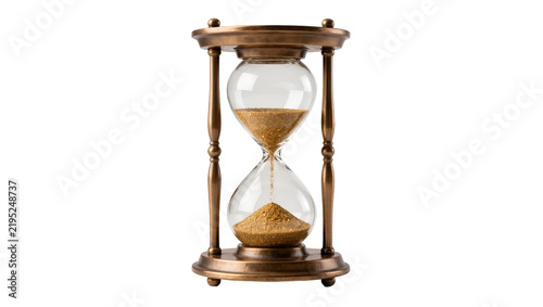 Antique bronze hourglass with flowing sand, isolated on transparent background