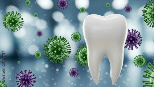 A glossy tooth orbited by virus particles representing oral infection risk, dental disease, germs and hygiene concerns. Conceptual medical illustration for dentistry, infection control.