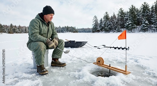 Man ice fishing on a frozen lake with a tip-up flag set in the snow. Winter outdoor recreation and fishing hobby