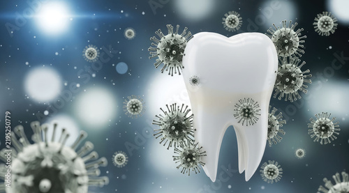 A glossy tooth orbited by virus particles representing oral infection risk, dental disease, germs and hygiene concerns. Conceptual medical illustration for dentistry, infection control.
