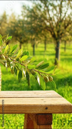 Olive branch hanging over rustic wooden table in sunny orchard garden