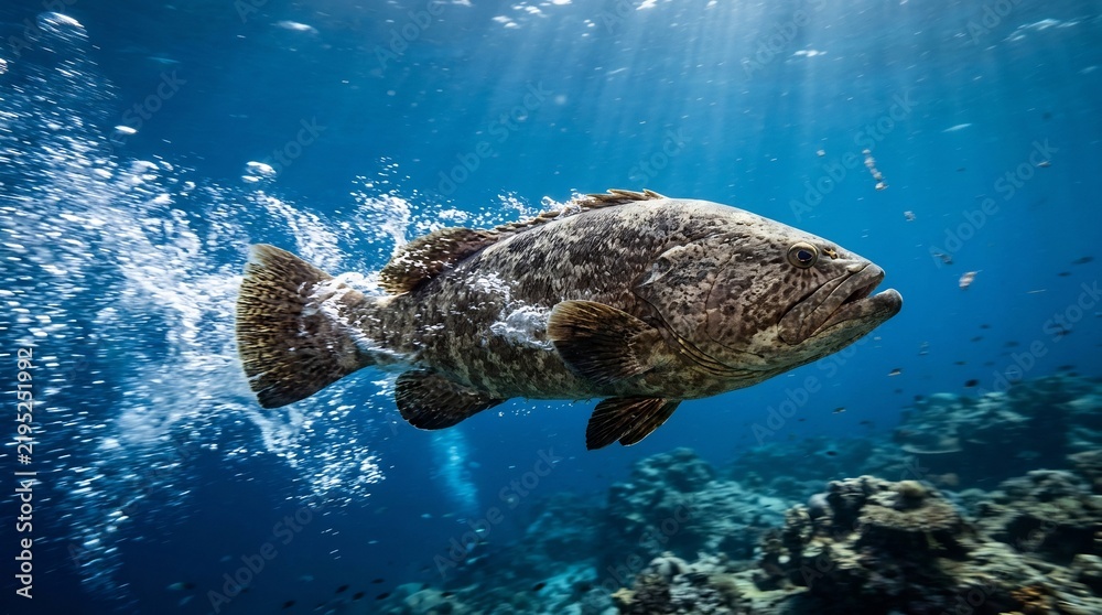 Fototapeta premium Large Spotted Grouper Fish Swimming in Deep Blue Ocean Water