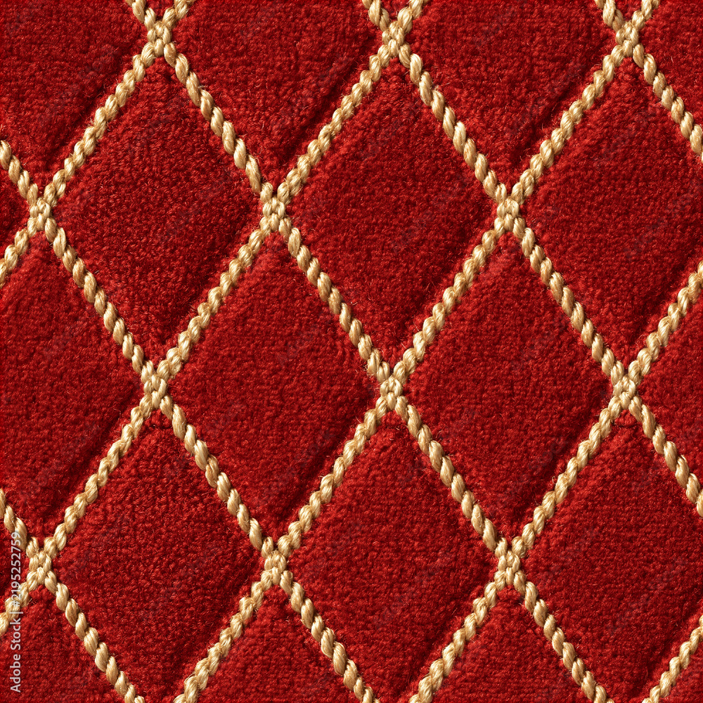 Obraz premium Seamless pattern red velvet quilted material forming a classic diamond pattern with golden braided ropes, suggesting opulence and sophisticated texture