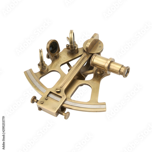 Antique brass sextant navigation instrument on white background