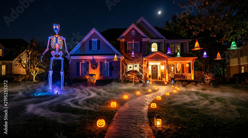 Suburban Home Extravagantly Decorated for Halloween Night with Giant Skeleton, Pumpkins, and Eerie Fog