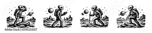 Foto Retro astronaut illustrations in black and white, space exploration vector clipa