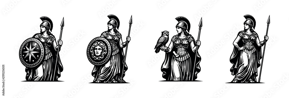 Fototapeta premium Black and white vector illustrations of athena with spear shield and owl silhouette mythological figures