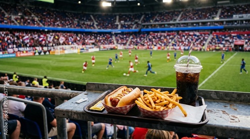 A classic stadium meal of a hot dog and fries enjoyed during a live professional soccer match