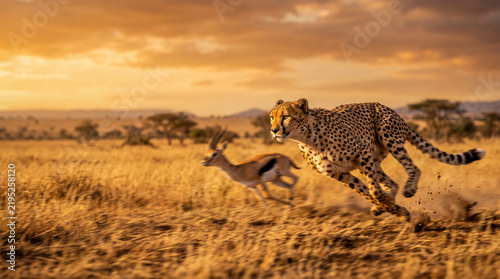 Cheetah Chasing Gazelle in High Speed Hunt at Sunset