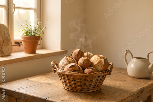 Cozy farmhouse kitchen corner with a sunlit bread basket centerpiece