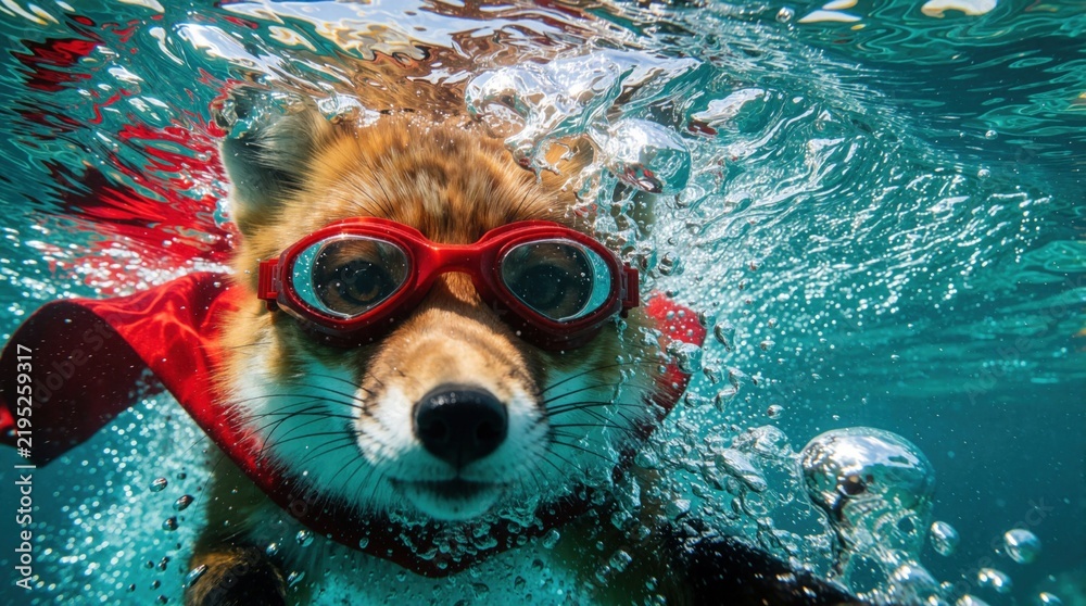 Obraz premium Funny fox wearing red swimming goggles, superhero cape swims underwater. Cute wild animal moves through blue water with bubbles. Brave mascot character performs epic aquatic adventure in ocean.