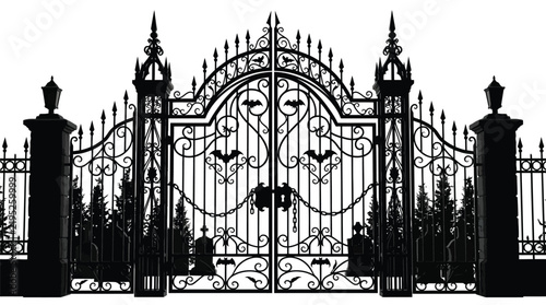 Intricate wrought iron cemetery gates featuring bat decorations against a bright white and clear background