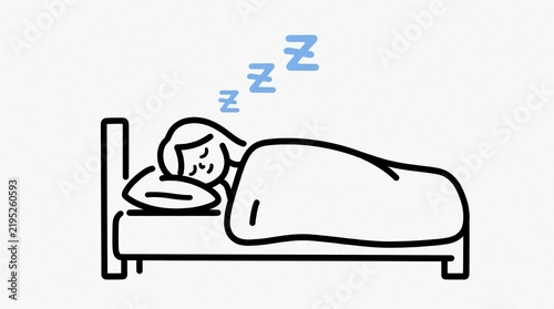 Minimalist line art shows person sleeping soundly in bed. Blue Zzz symbols float above head indicating peaceful slumber and deep rest. Simple, clean illustration depicts bedroom tranquility.