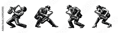 Bild auf Leinwand Stylized silhouette of jazz saxophonists playing instruments vector illustration