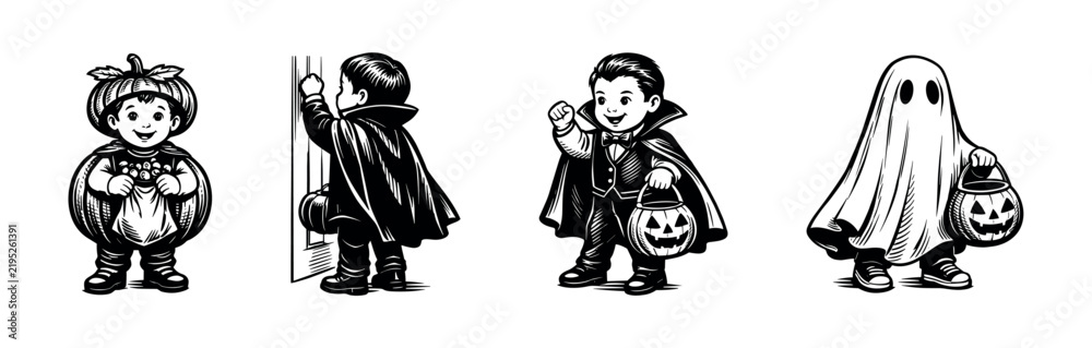 Fototapeta premium Halloween kids in costumes black and white vector illustration, silhouette clipart elements