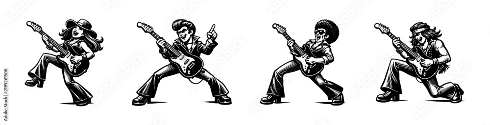 Fototapeta premium Retro rock guitarists black and white vector illustration silhouette