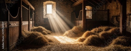 Sunlight streams into old stone stable with wooden stalls and piles of hay. Rustic interior creates peaceful atmosphere, evoking history and equestrian life. Barn setting is quiet and warm.