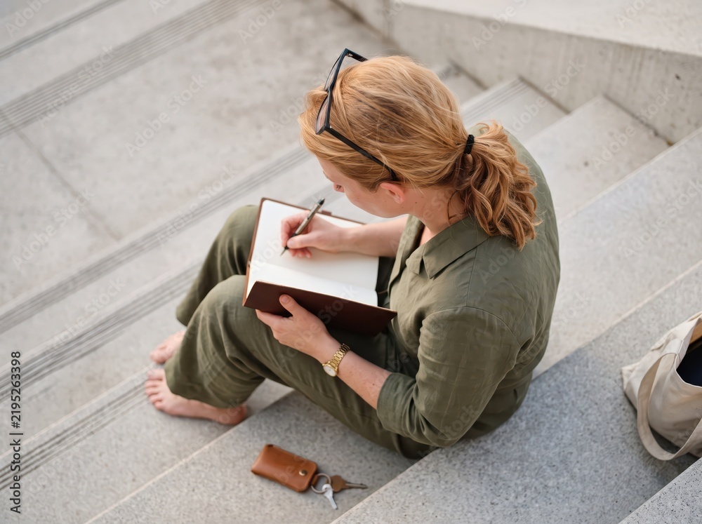 Obraz premium Focused Woman Sitting on Urban Steps Writing Personal Goals and Plans in a Notebook