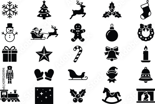 Collection of black Christmas holiday icons and festive symbols isolated on transparent background.