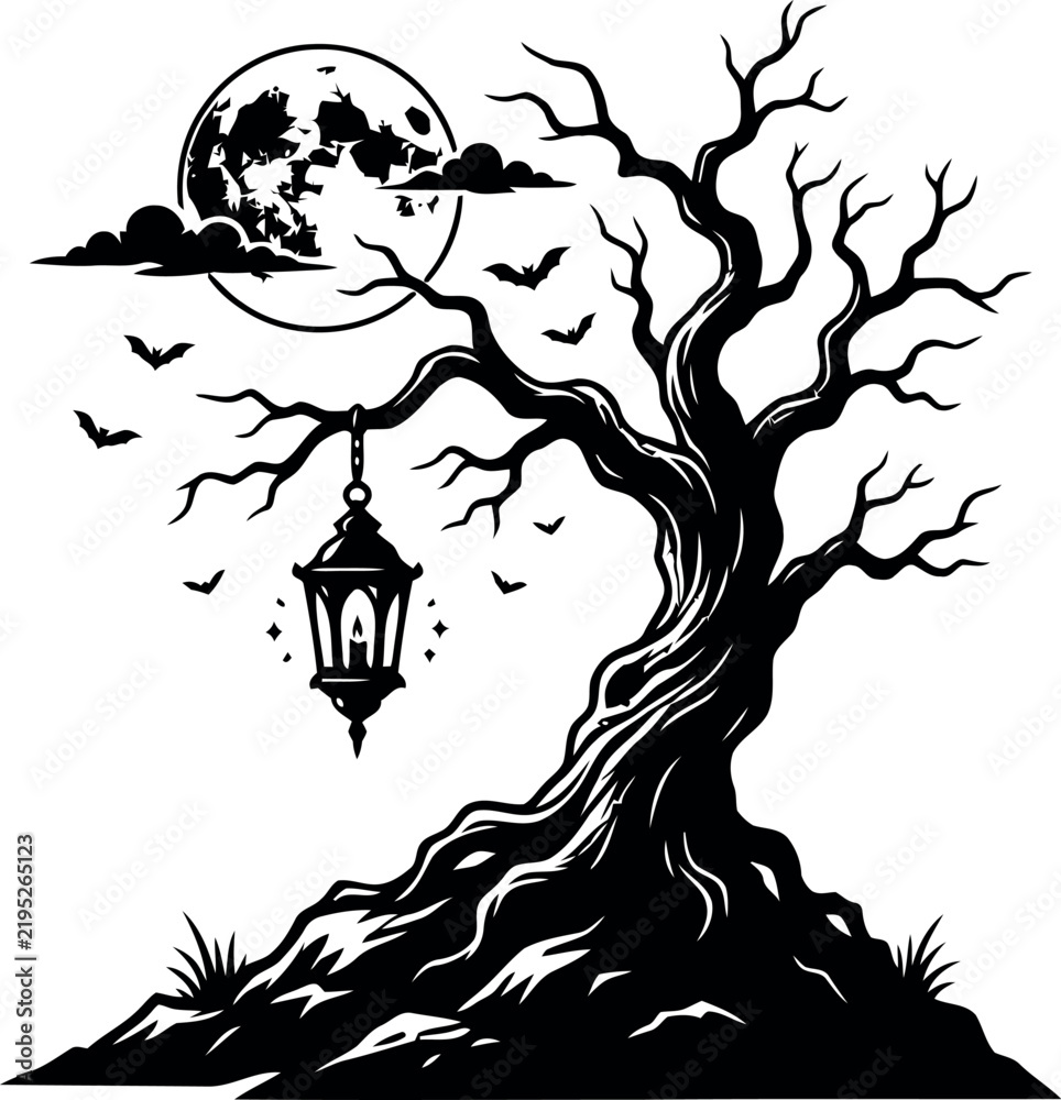 Fototapeta premium Spooky Halloween tree silhouette with full moon, eerie dead tree with hanging lantern, gothic night landscape vector
