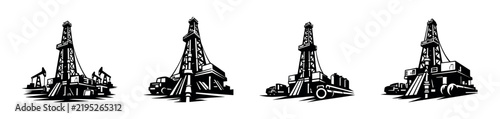 Oil rig silhouette set black and white industrial vector illustration